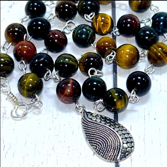 Handmade Bohemian Teardrop Pendant Necklace with Natural Tiger Eye Stones! - Picture 7 of 8